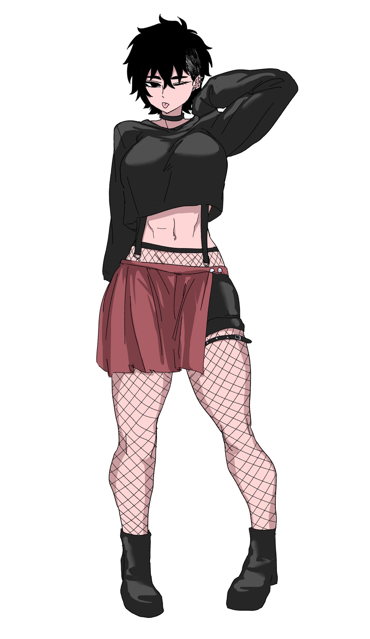 nasu (ilo a5), original, highres, 1girl, ;b, abs, amputee, black boots, black choker, black hoodie, boots, breasts, choker, ear piercing, fishnet pantyhose, fishnets, full body, hood, hoodie, long sleeves, missing limb, muscular, muscular female, pantyhose, piercing, pleated skirt, red skirt, skirt, sleeves past fingers, sleeves past wrists, solo, suspenders, thigh strap, thighs, tongue, tongue out, underboob