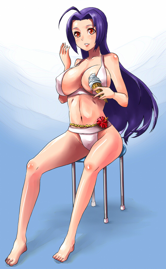 yokkora, miura azusa, idolmaster, idolmaster (classic), idolmaster 1, 00s, 1girl, ahoge, barefoot, breasts, cleavage, covered erect nipples, feet, female focus, food, huge breasts, ice cream, long hair, midriff, navel, purple hair, red eyes, sitting, solo, very long hair