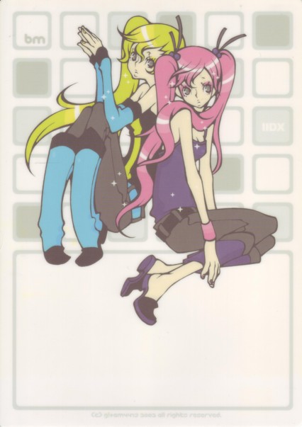kitami erika, mizushiro celica, beatmania iidx, bemani, looking away, artist request, 2girls, arm warmers, belt, black pants, black shirt, blonde hair, boots, breasts, cleavage, english text, grey eyes, hair ornament, long hair, looking at viewer, multiple girls, pants, pink hair, purple shirt, shirt, shoes, side ponytail, sitting, sleeveless, sleeveless shirt, small breasts, strapless, strapless shirt, text focus, twintails
