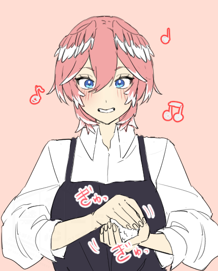 karakr shin, takane lui, hololive, apron, blue eyes, blush, breasts, cooking, food, hair between eyes, head wings, looking at viewer, musical note, onigiri, pink background, pink hair, shirt, smile, teeth, virtual youtuber, white shirt, wings