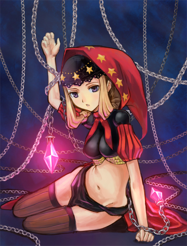 hashi, kasanui, velvet (odin sphere), odin sphere, bad id, bad pixiv id, 1girl, chain, female focus, midriff, solo, thighhighs