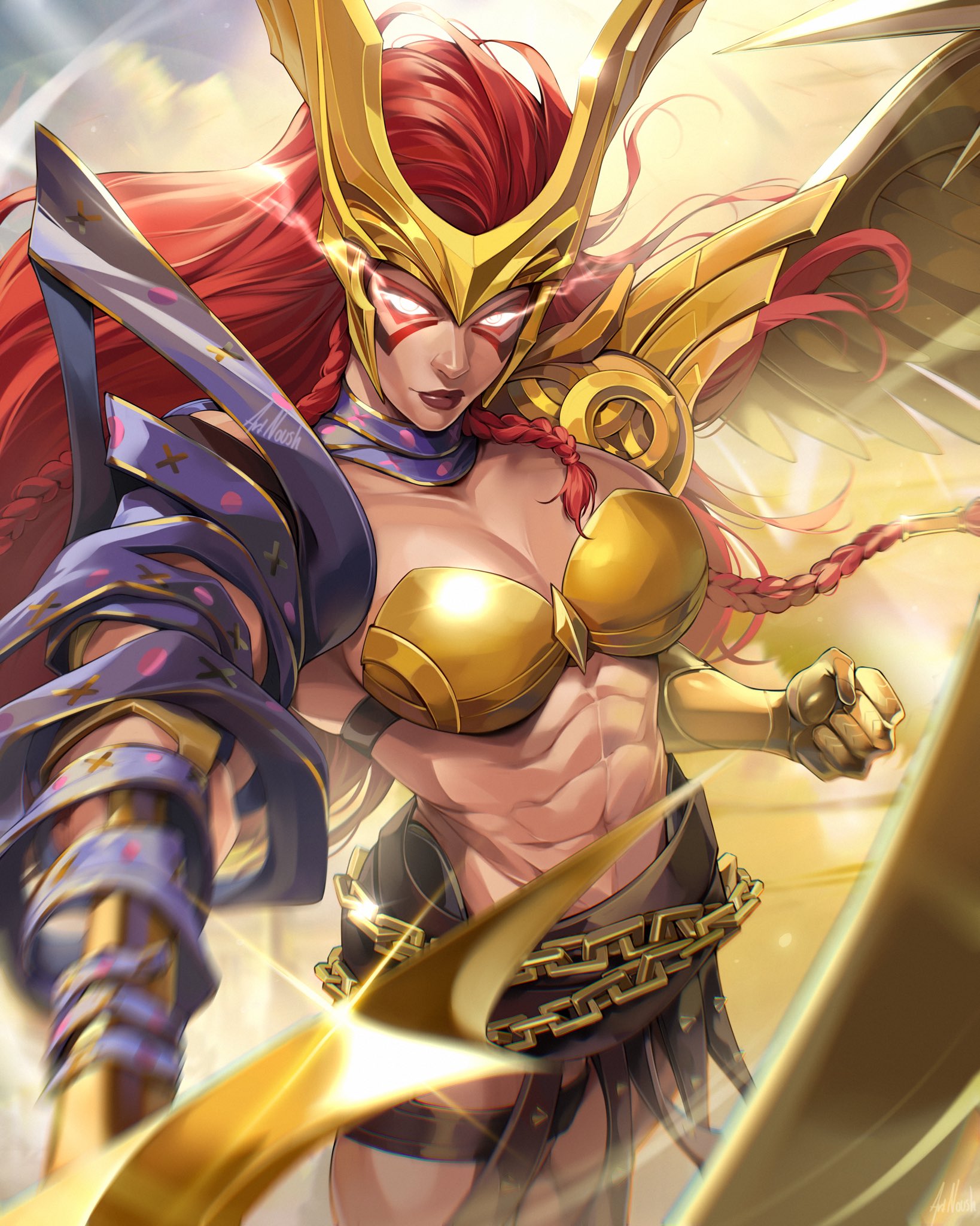 noush, angela (marvel), marvel, marvel rivals, thor (marvel) (series), highres, 1girl, abs, armor, bodypaint, breasts, cleavage, large breasts, long hair, looking at viewer, metal bra, muscular, muscular female, navel, red hair, scar, scar on stomach, simple background, solo, weapon, wings