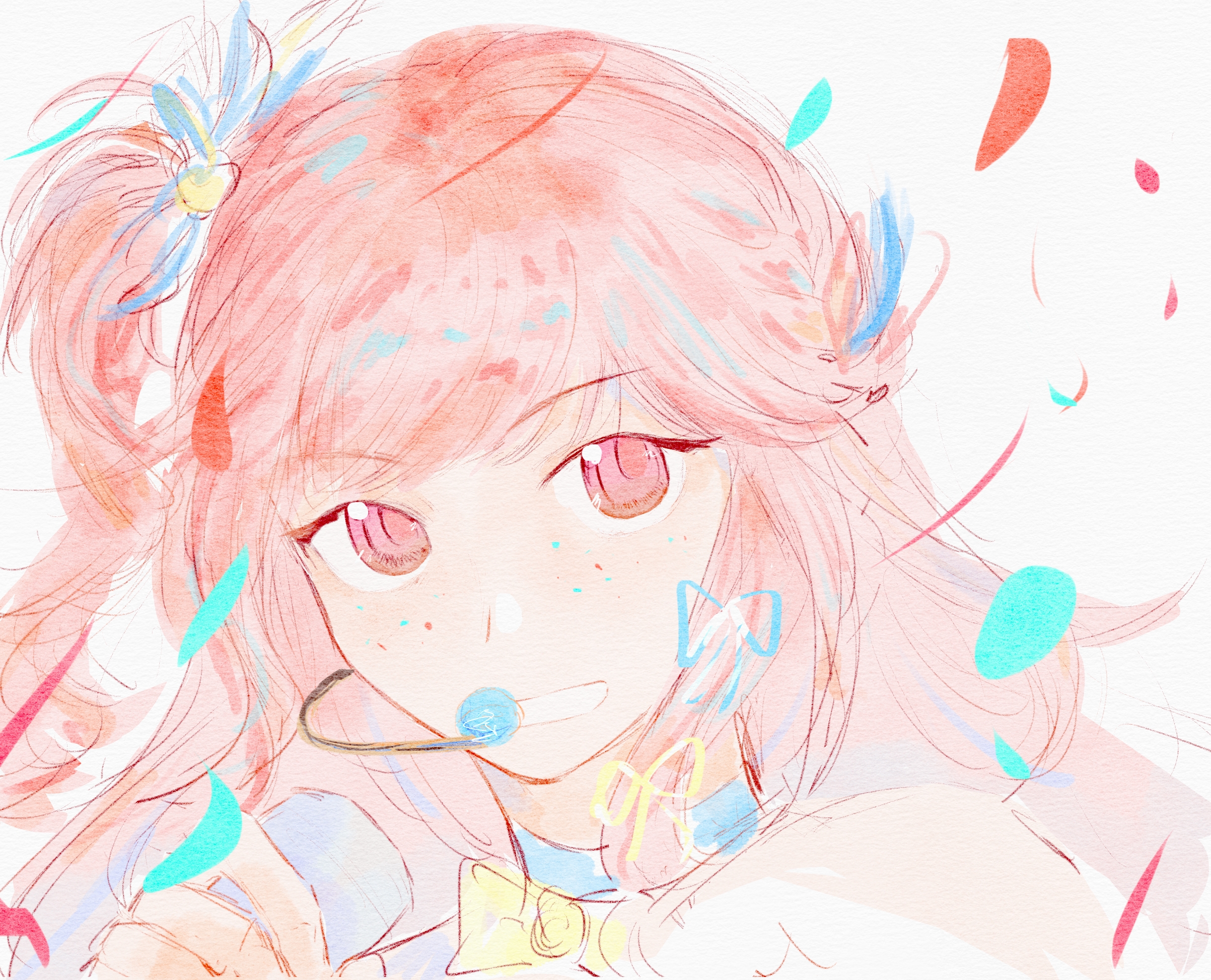 nikki (nikki), infinity nikki, nikki (series), highres, 1girl, bare shoulders, blue ribbon, bow, bowtie, confetti, feather hair ornament, feathers, grin, hair ornament, hair ribbon, headset, holding, holding microphone, idol, long hair, looking at viewer, microphone, one side up, pink eyes, pink hair, ribbon, shanxin renshi 574 hao, simple background, smile, solo, starry nocturne (infinity nikki), upper body, wavy hair, white background, yellow bow, yellow bowtie, yellow ribbon