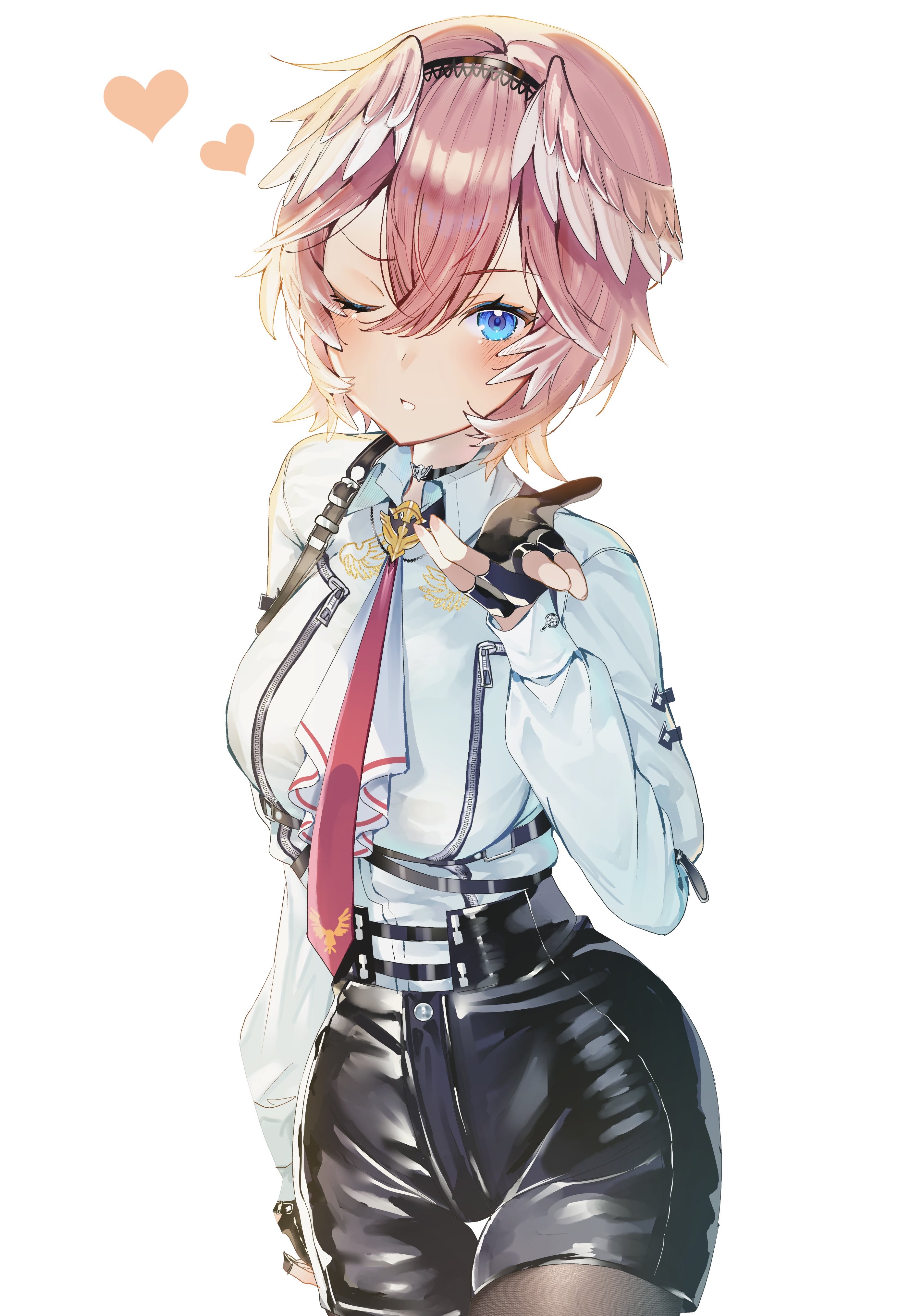 wasemkn, takane lui, hololive, absurdres, highres, black choker, black gloves, black shorts, blue eyes, breasts, choker, fingerless gloves, gloves, hair between eyes, head wings, heart, large breasts, leather shorts, looking at viewer, necktie, one eye closed, pink hair, shirt, shorts, thighs, virtual youtuber, white background, white shirt, wings
