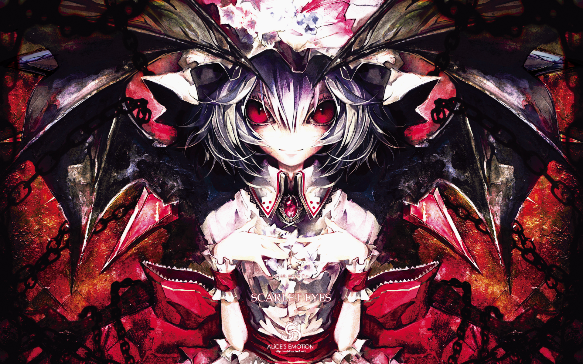 banpai akira, remilia scarlet, touhou, highres, 1girl, bat wings, blue hair, chain, female focus, hat, red eyes, short hair, solo, vampire, wings