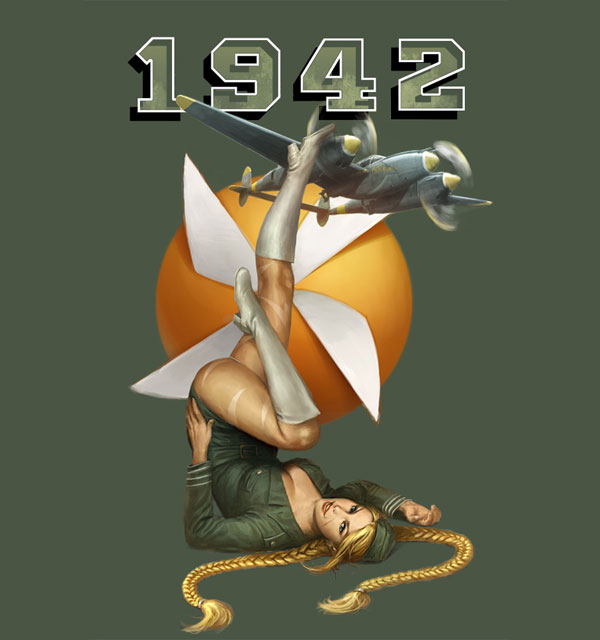 darren tan, cammy white, p-38 lightning, 1942, capcom, street fighter, uniform, 1girl, aircraft, airplane, blonde hair, blue eyes, boots, braid, breasts, camouflage, cleavage, female focus, garrison cap, hat, large breasts, long hair, looking at viewer, military vehicle, nose art, pinup (style), propeller fighter, smile, solo, twin braids, world war ii, yashichi