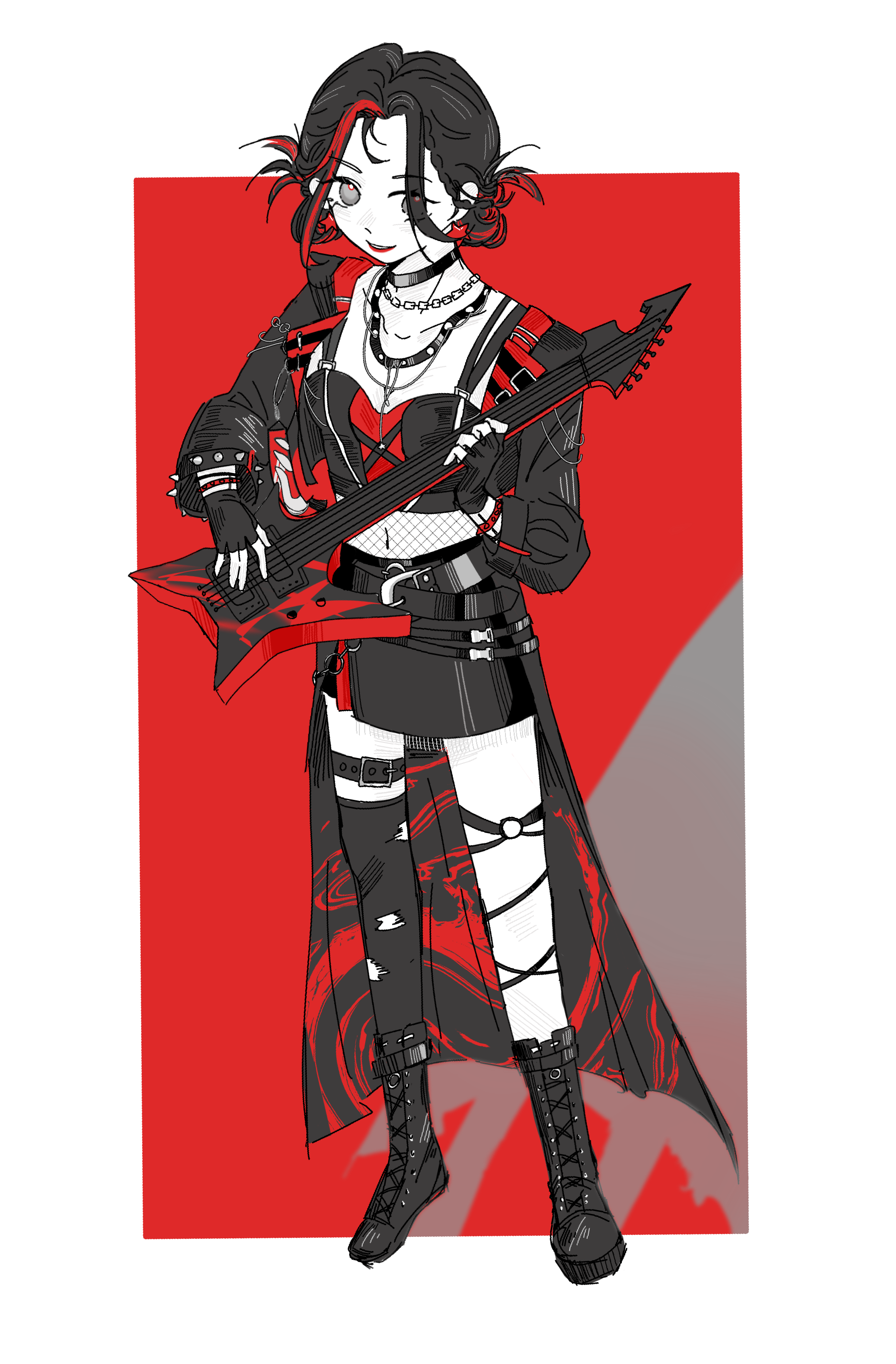infinity nikki, nikki (series), absurdres, highres, 1girl, belt, belt buckle, black belt, black boots, black choker, black gloves, black hair, black jacket, black shirt, black skirt, black thighhighs, boots, bracelet, buckle, chain, chain necklace, choker, counterflow concerto (infinity nikki), crop top, cross-laced clothes, cross-laced top, crossed belts, electric guitar, eyelashes, eyes visible through hair, fingerless gloves, fishnets, full body, gloves, grey eyes, guitar, hair rings, happy, instrument, jacket, jewelry, lace-up boots, leather, leather jacket, lipstick, long sleeves, makeup, midriff, miniskirt, multicolored hair, multiple belts, multiple bracelets, music, navel, neck, necklace, o-ring, o-ring thigh strap, outside border, parted lips, pencil skirt, playing guitar, playing instrument, punk, qingming683, red background, red hair, red lips, shirt, shoe belt, short hair, single thighhigh, skirt, smile, solo, standing, streaked hair, thigh belt, thigh strap, thighhighs, torn clothes, torn thighhighs, transparent background, two-tone hair