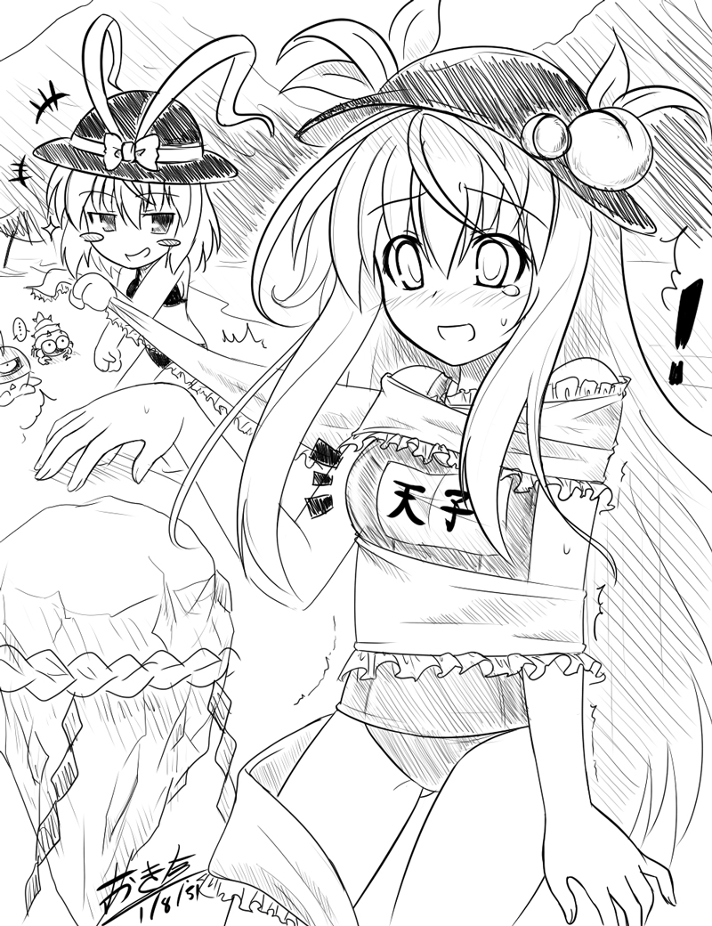 okitakung, hinanawi tenshi, nagae iku, touhou, 2girls, bdsm, bondage, bound, female focus, food, fruit, greyscale, hat, kaname-ishi, monochrome, multiple girls, one-piece swimsuit, peach, rope, school swimsuit, shimenawa, swimsuit
