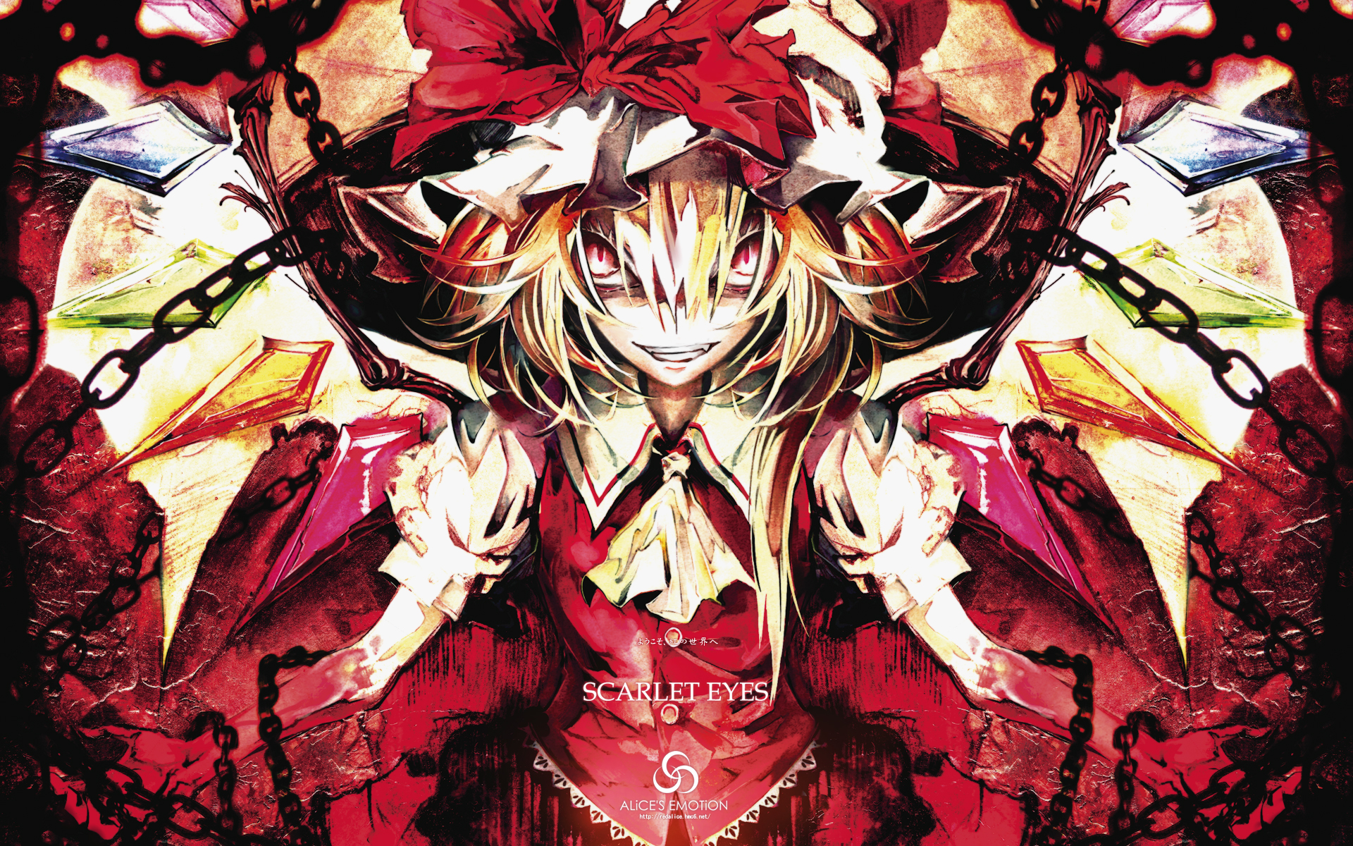 banpai akira, flandre scarlet, touhou, highres, 1girl, blonde hair, blouse, chain, collared shirt, fangs, female focus, hair between eyes, hat, mob cap, red background, red eyes, red theme, shirt, short hair, solo, vampire, white shirt, wings