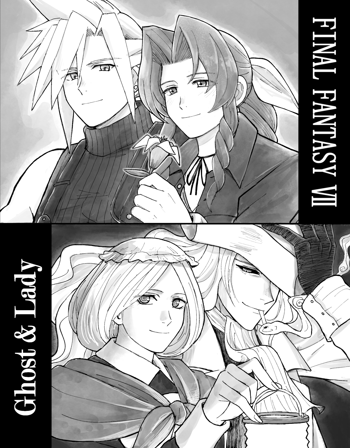 ameiro0814, aerith gainsborough, cloud strife, final fantasy, final fantasy vii, commentary request, highres, 2boys, 2girls, ascot, bangle, black sclera, bow, bracelet, braid, braided ponytail, choker, cigarette, cloak, closed mouth, colored sclera, copyright name, couple, earrings, florian nightingale (kuro hakubutsukan), flower, gloves, grey (kuro hakubutsukan), grey background, greyscale, hair between eyes, hair ribbon, hat over one eye, holding, holding flower, holding lantern, jacket, jewelry, kuro hakubutsukan ghost and lady, lantern, lily (flower), long hair, monochrome, multiple boys, multiple girls, parted bangs, ribbon, ribbon choker, sharp teeth, short hair, sidelocks, single braid, single earring, sleeveless, sleeveless turtleneck, smile, smoke, smoking, suspenders, teeth, turtleneck, upper body