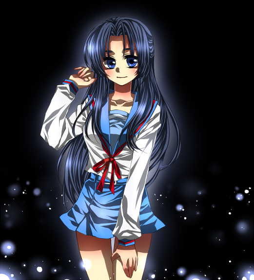asakura ryoko, suzumiya haruhi no yuuutsu, 00s, blue eyes, blue hair, long hair, school uniform, serafuku, solo