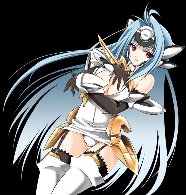 amagai yukino, kos-mos, kos-mos ver. 4, xenosaga, xenosaga episode iii, breast hold, 00s, 1girl, breasts, dutch angle, female focus, garter belt, large breasts, long hair, panties, solo, thighhighs, underwear, white panties