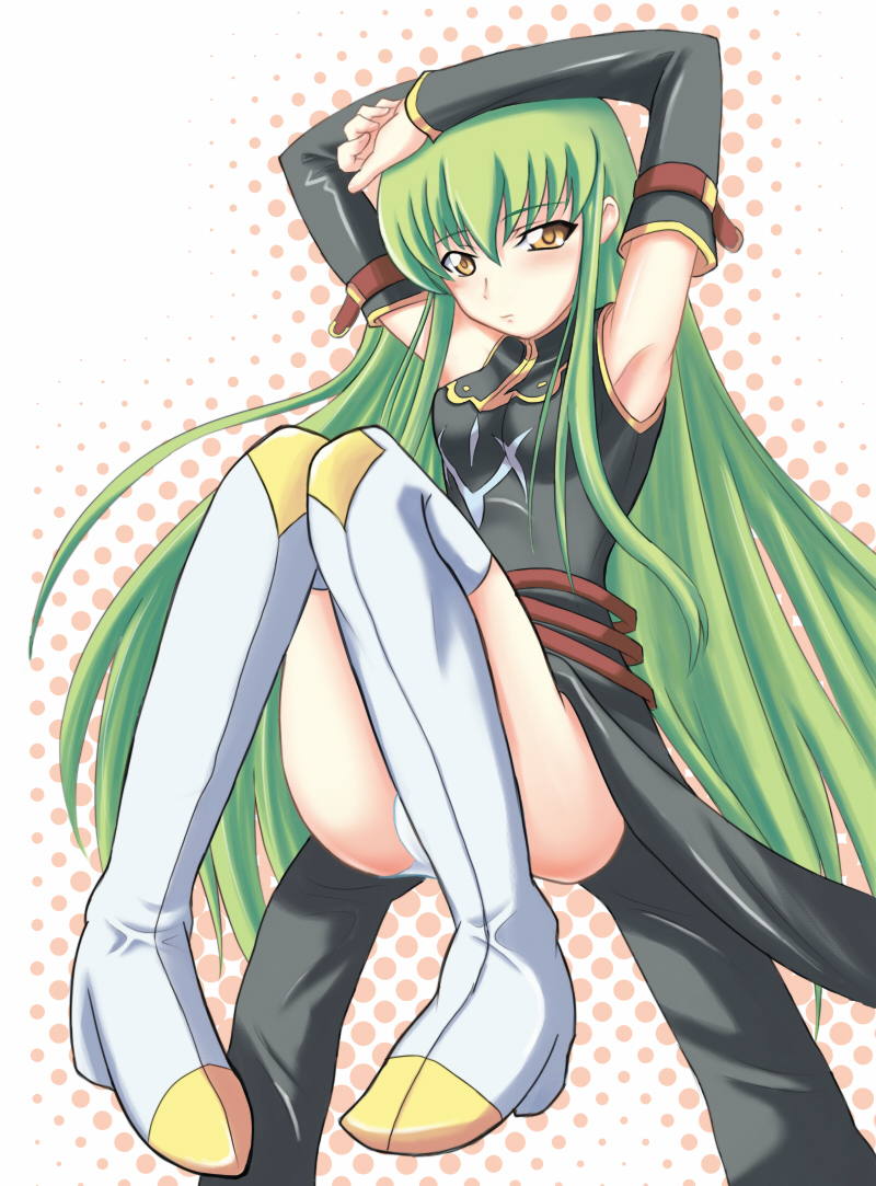 towamin, c.c., code geass, 00s, armpits, boots, detached sleeves, green hair, long hair, panties, solo, thigh boots, thighhighs, underwear, white panties, yellow eyes