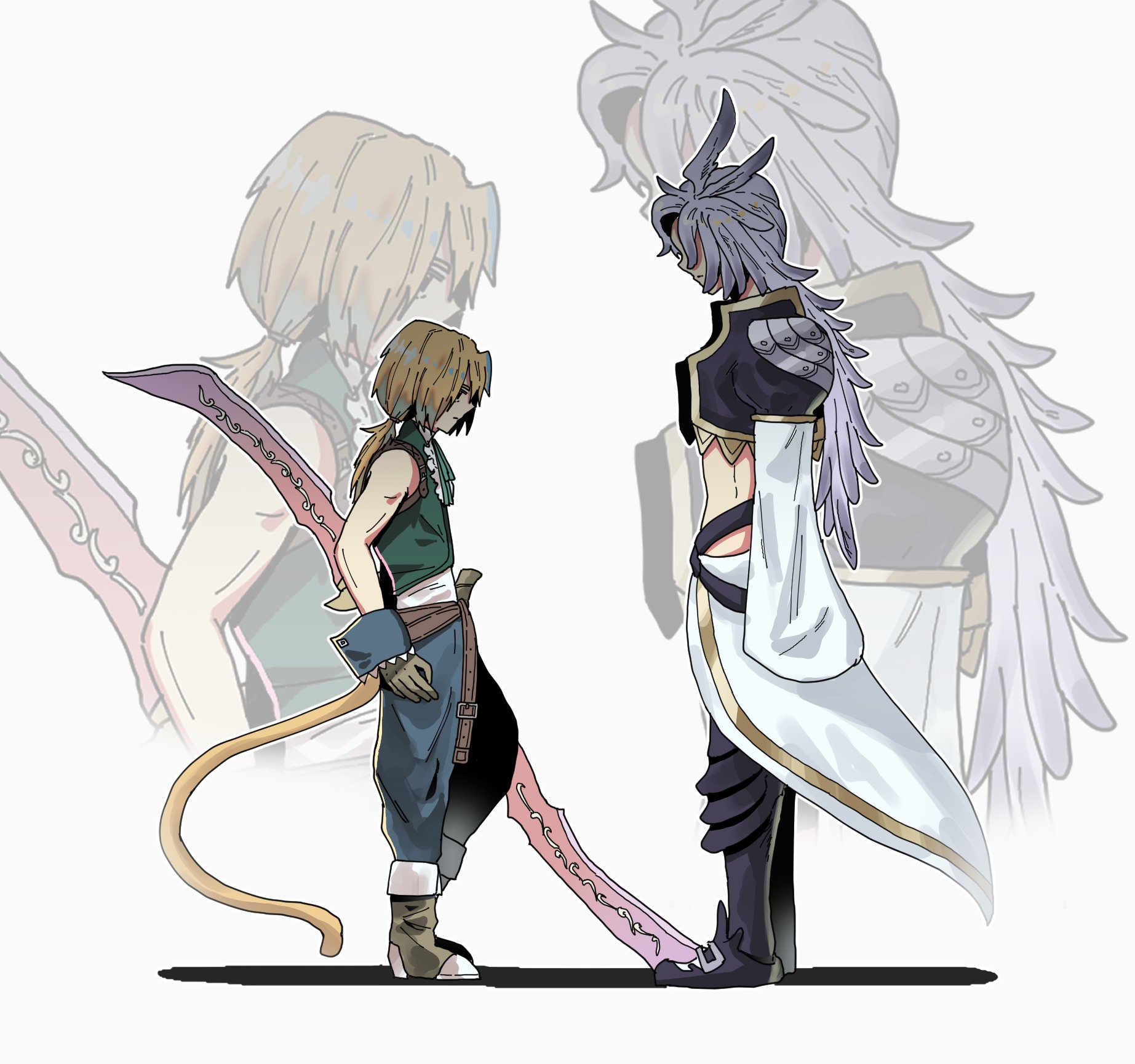 ry mangdung, kuja, zidane tribal, final fantasy, final fantasy ix, highres, 2boys, armor, armored boots, bare shoulders, belt, blonde hair, blue pants, blue wrist cuffs, boots, brown belt, cat tail, cropped jacket, feather hair ornament, feathers, full body, gloves, green vest, grey boots, grey gloves, grey hair, hair ornament, height difference, holding, holding weapon, long hair, low ponytail, male focus, midriff, multiple boys, neck ribbon, pants, parted bangs, ponytail, ribbon, shirt, shoulder armor, showgirl skirt, standing, tail, vest, weapon, white background, white shirt, white sleeves, wrist cuffs