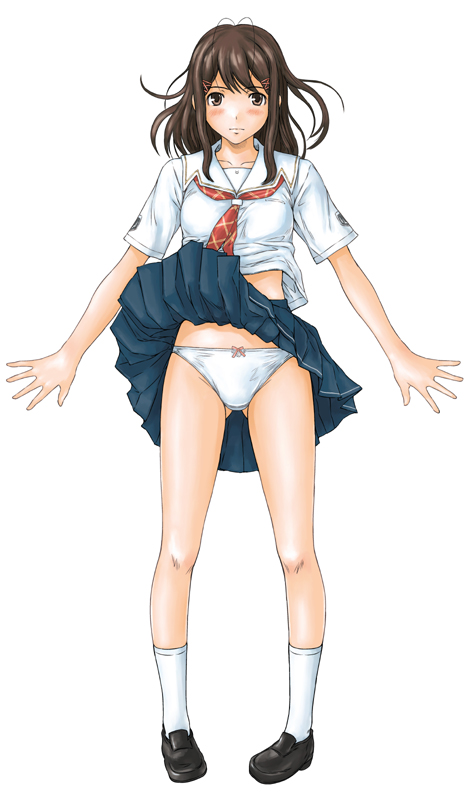 kisaragi gunma, hoshino yuumi, kimi kiss, 1girl, bow, bow panties, female focus, full body, legs, lowleg, panties, school uniform, serafuku, skirt, solo, underwear, white panties, wind, wind lift
