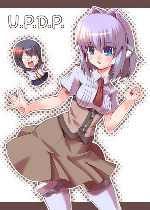 yukimura tsubame, original, 2girls, blue eyes, chibi, dress, glasses, mini person, minigirl, multiple girls, robot ears, thighhighs, zipper