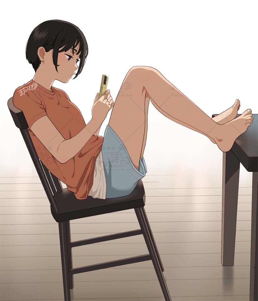 mattaku mousuke, original, 1girl, bare legs, barefoot, black hair, blue shorts, brown eyes, cellphone, chair, feet, feet on table, from side, full body, holding, holding phone, indoors, knees up, legs, on chair, orange shirt, phone, shirt, short hair, short shorts, short sleeves, shorts, signature, sitting, smartphone, solo, toenails, toes, watermark, white background, wooden floor
