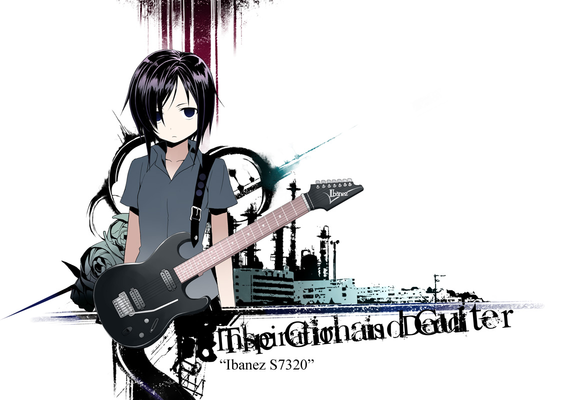 b.k., ichikura (bk), original, 1girl, blood, buckle, cowboy shot, expressionless, female focus, guitar, hair over one eye, instrument, looking at viewer, over shoulder, pants, shirt, short sleeves, simple background, solo, standing, t-shirt, white background