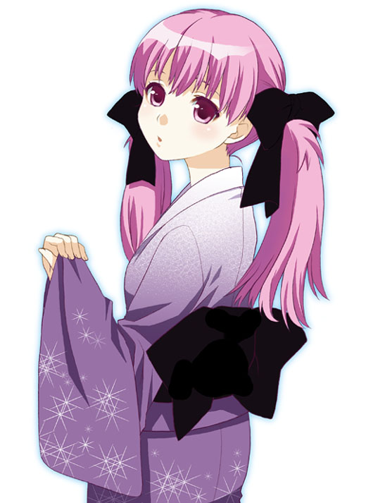 mattaku mousuke, original, 1girl, female focus, japanese clothes, kimono, looking back, print kimono, simple background, solo, twintails, white background, yukata