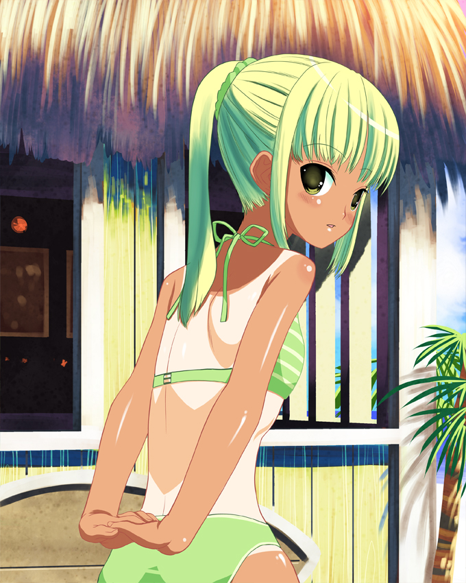 okina ika, original, 1girl, arms behind back, bikini, day, female focus, flat chest, from behind, green bikini, green hair, looking at viewer, one-piece tan, outdoors, parted lips, ponytail, shiny skin, solo, striped bikini, striped clothes, swimsuit, tan, tanline