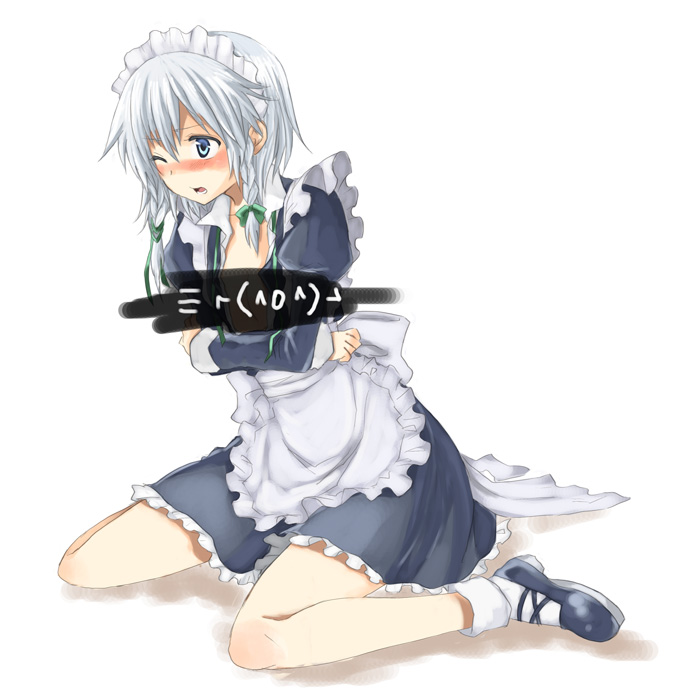 miya (tsumazukanai), izayoi sakuya, touhou, silver hair, 1girl, braid, female focus, short hair, solo, twin braids