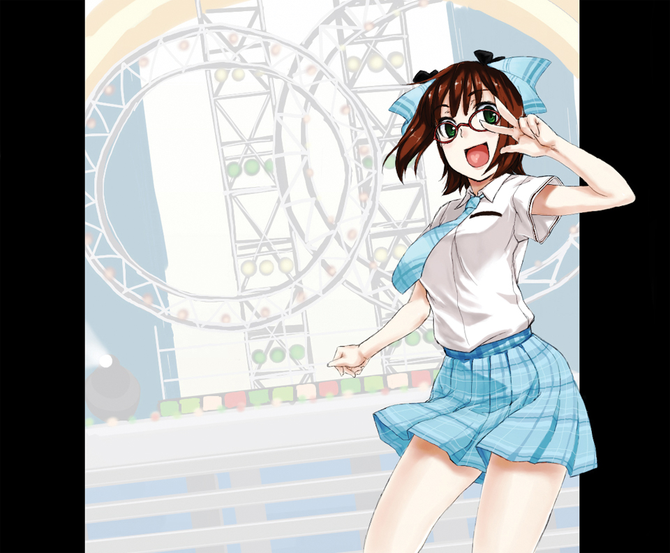kirisato itsuki, amami haruka, idolmaster, idolmaster (classic), 00s, glasses, rough time school, school uniform, serafuku, solo, v, v over eye