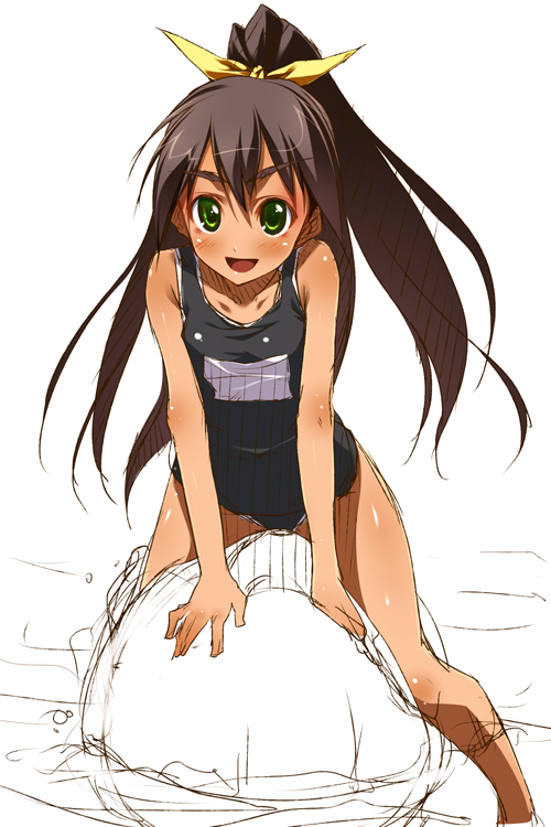 chinchickrin, tagme, 1girl, black one-piece swimsuit, female focus, one-piece swimsuit, ponytail, school swimsuit, solo, swimsuit