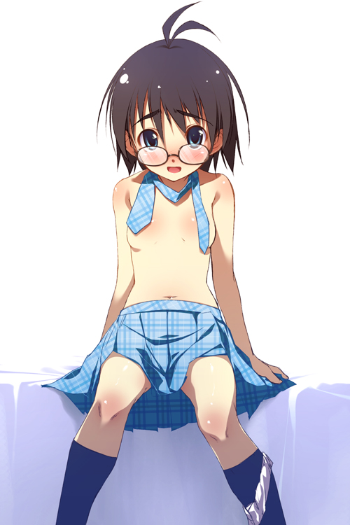 chinchickrin, kikuchi makoto, idolmaster, idolmaster (classic), 00s, antenna hair, censored, convenient censoring, flat chest, glasses, necktie, panties, panties around leg, skirt, socks, solo, topless female, underwear