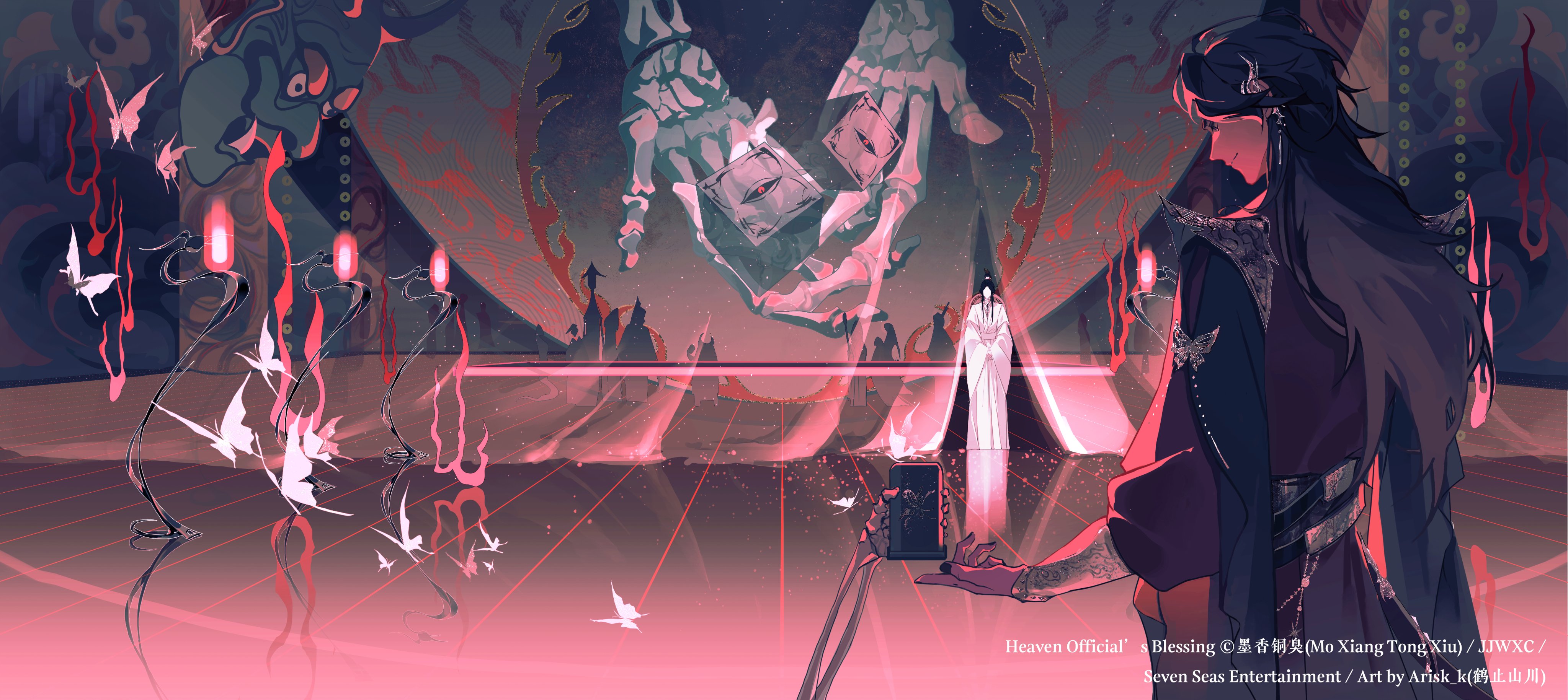 hua cheng, xie lian, tianguan cifu, absurdres, highres, official art, 2boys, black hair, black nails, bone, bug, butterfly, chinese clothes, closed mouth, cup, curtains, dice, earrings, hair bun, hanfu, hat, hat on back, hezhishanchuan, holding, holding cup, indoors, insect, jewelry, long hair, long sleeves, male focus, mask, multiple boys, oni mask, red fire, red hanfu, red light, red theme, rice hat, shoulder pads, silver belt, single hair bun, skeleton, unworn mask, white butterfly, white hanfu, wide sleeves