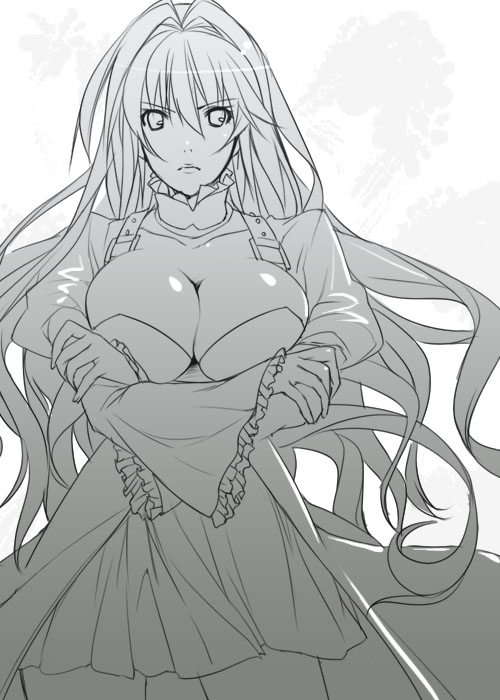 mizuki makoto, tsukiumi, sekirei, breast hold, unfinished, 00s, breasts, cleavage, crossed arms, frills, greyscale, hair intakes, large breasts, long hair, monochrome, skirt, solo