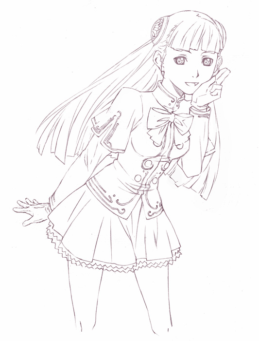 nyaou, ingrid (capcom), capcom, capcom fighting jam, 1girl, blunt bangs, bow, bowtie, female focus, gloves, greyscale, hairpods, lineart, long hair, long sleeves, looking at viewer, monochrome, pantyhose, simple background, solo, very long hair, white background