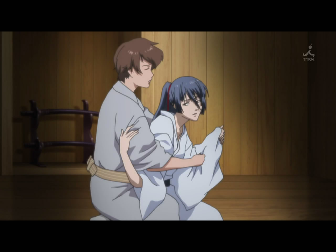 saotome alto, macross, macross frontier, 00s, 2boys, black hair, brown hair, closed eyes, hug, indoors, kimono, male focus, multiple boys, sword, weapon, yaoi