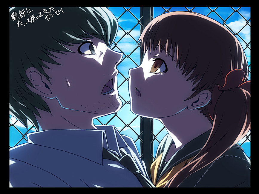 tasaka shinnosuke, doujima nanako, narukami yu, atlus, persona, persona 4, silver hair, 1boy, 1girl, aged up, brown eyes, brown hair, dress shirt, face-to-face, facial hair, fence, goatee stubble, grey eyes, necktie, open mouth, profile, school uniform, scrunchie, serafuku, shirt, stubble, twintails