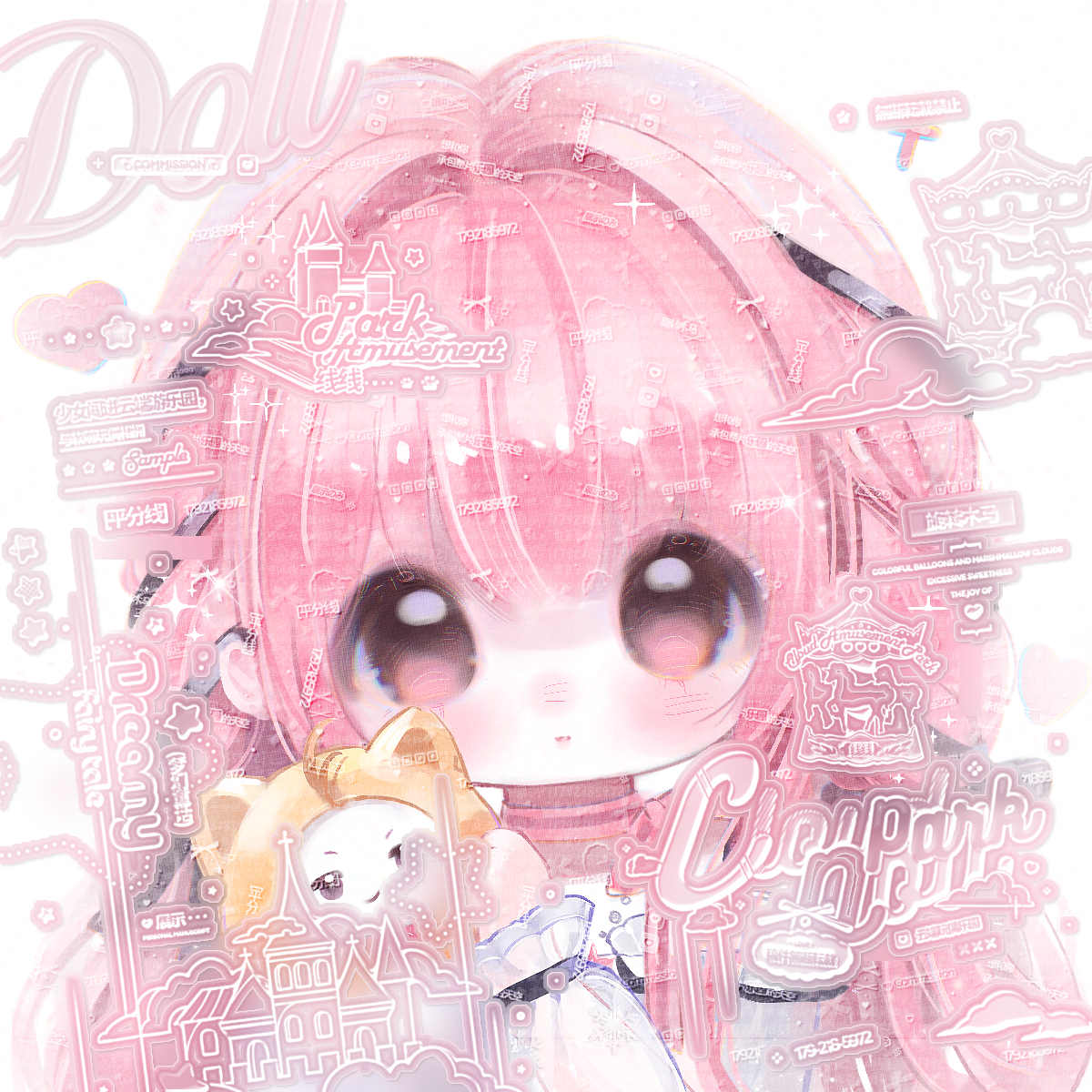 momo (nikki), nikki (nikki), perfect start (infinity nikki), infinity nikki, nikki (series), artist request, chinese commentary, commentary request, commission, highres, second-party source, animal, bare shoulders, black bow, black ribbon, bow, bow choker, bowtie, brown eyes, cat, choker, clothed animal, frilled sleeves, frills, hair bow, hair intakes, hair ribbon, holding, holding animal, holding cat, light blush, long hair, long sleeves, low twintails, off-shoulder shirt, off shoulder, parted lips, pink bow, pink bowtie, pink choker, pink hair, puffy long sleeves, puffy sleeves, ribbon, sample watermark, shirt, sidelocks, simple background, sleeves past wrists, sparkle, striped bow, striped bowtie, striped choker, striped clothes, tareme, too many watermarks, tress ribbon, twintails, very long hair, watermark, white background, white cat, white shirt