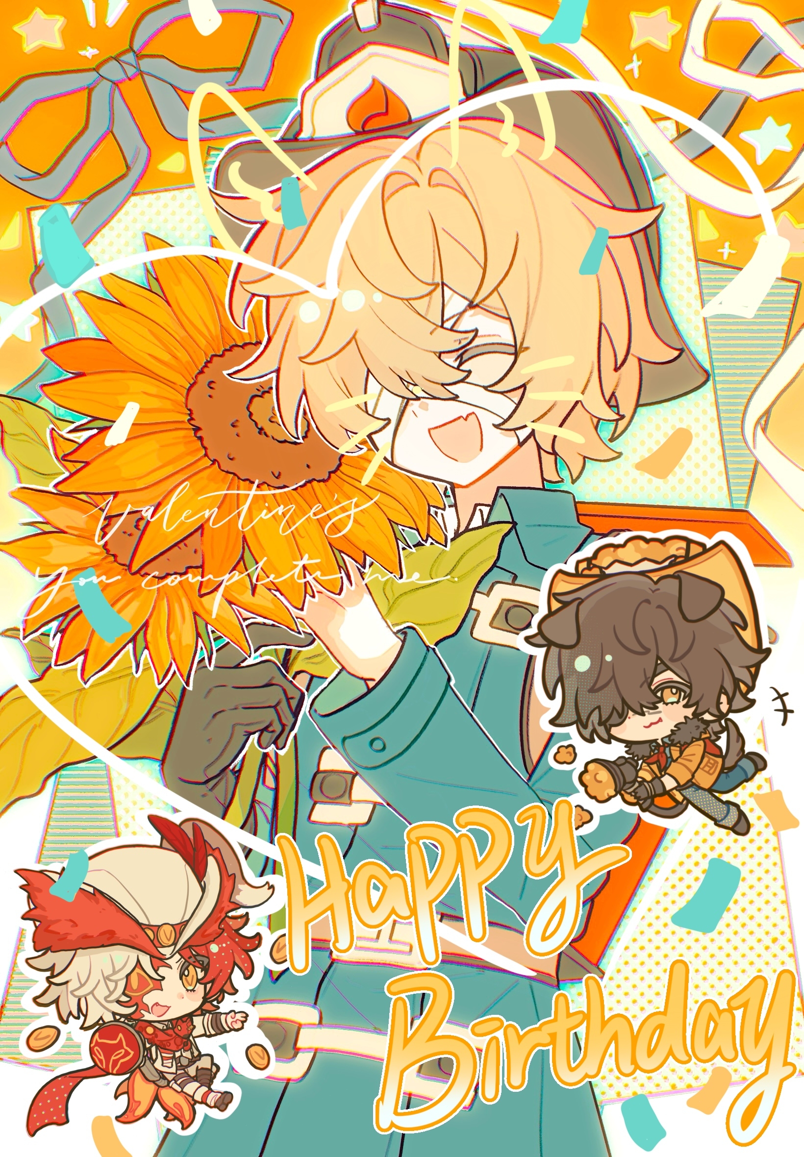 florian brand, florian brand (spirit fox), identity v, highres, 1boy, animal ears, bandage on face, bandages, birthday, blonde hair, cat face sticker, chibi, closed eyes, dog ears, firefighter helmet, firefighter jacket, florian brand ("puffing"), flower, hair between eyes, happy, jacket, lixiao62108, male focus, one eye covered, open mouth, sunflower
