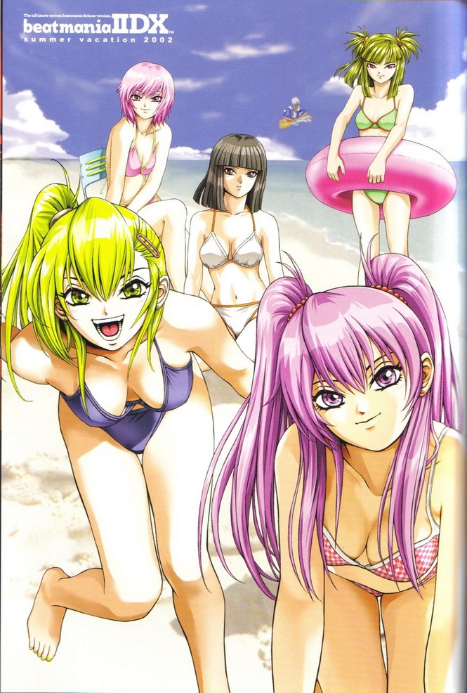 goli matsumoto, nyah, hinazuki ririna, kitami erika, mizushiro celica, beatmania iidx, bemani, artbook, 2002, 5girls, barefoot, bikini, feet, multiple girls, swimsuit