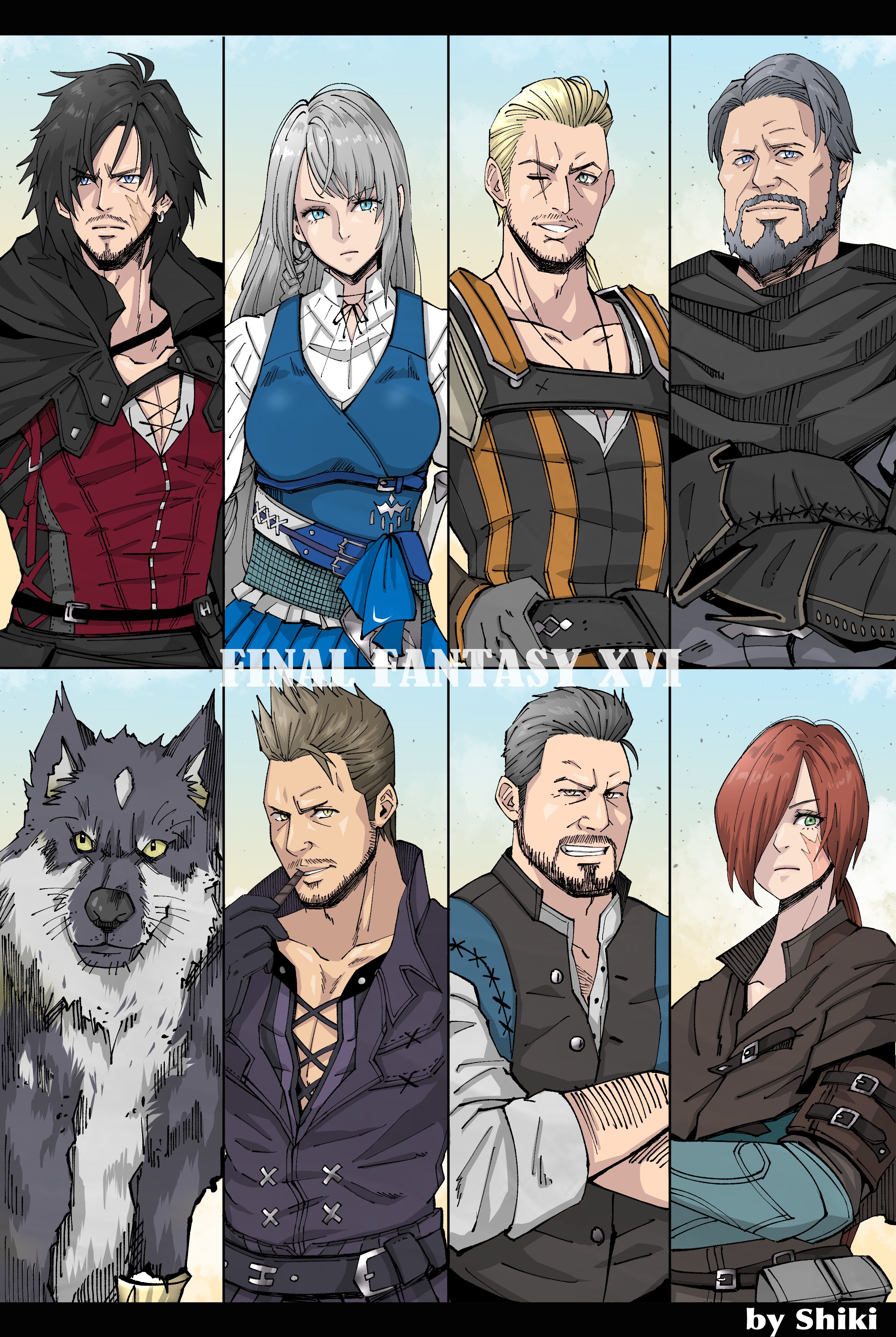 lakugali shiki, byron rosfield, cidolfus telamon, clive rosfield, gav (ff16), jill warrick, torgal (ff16), final fantasy, final fantasy xvi, absurdres, highres, 2girls, 5boys, artist name, beard, belt, black belt, black border, black cloak, black gloves, black hair, black shirt, black vest, blonde hair, blue background, blue eyes, blue shirt, border, braid, breasts, brown hair, cloak, closed mouth, collared shirt, crossed arms, earrings, facial hair, facial scar, furrowed brow, gloves, grey hair, grin, hair over one eye, hair slicked back, jewelry, long hair, medium breasts, messy hair, multiple boys, multiple girls, otto (ff16), parted lips, portrait, red vest, scar, scar across eye, scar on cheek, scar on face, shirt, short hair, side braid, single earring, smile, tarja (ff16), teeth, upper body, vest, white shirt, wolf, yellow eyes