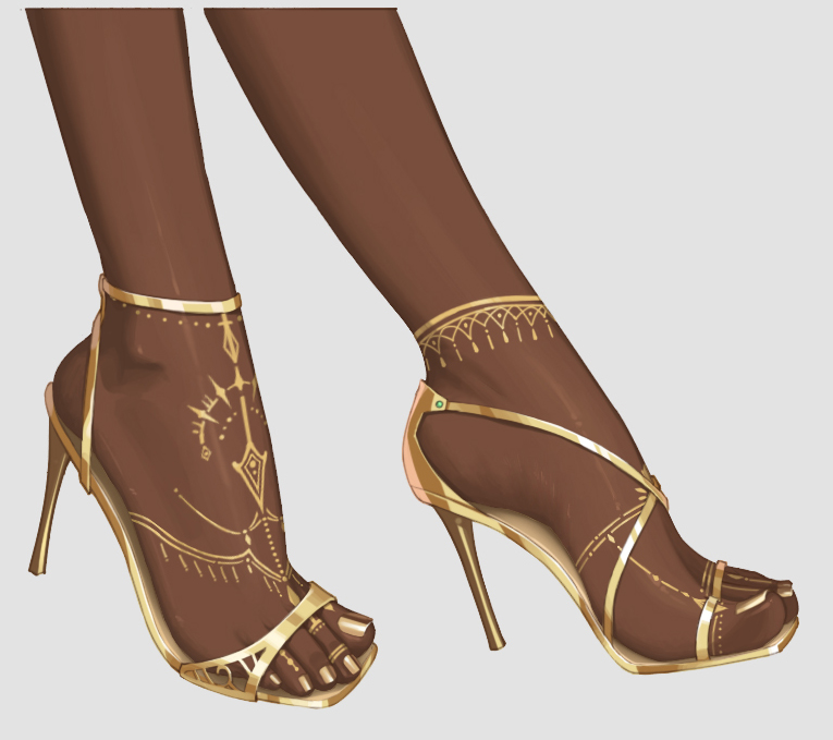 liang mu, gold footwear, toeless footwear, yellow footwear, highres, 1girl, anklet, barefoot sandals (jewelry), brown pantyhose, chain, close-up, dark-skinned female, dark skin, egyptian, feet, foot focus, gladiator sandals, gold, gold chain, gold trim, grey background, heel up, high heels, jewelry, legs, nail polish, pantyhose, sandals, shoes, simple background, solo, standing, strappy heels, toe ring, toenail polish, toenails, toes