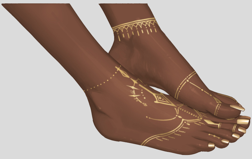 liang mu, highres, 1girl, anklet, barefoot, close-up, dark-skinned female, dark skin, egyptian, feet, foot focus, gold, grey background, jewelry, legs together, nail polish, no shoes, simple background, solo, toe ring, toenail polish, toenails, toes, yellow nails