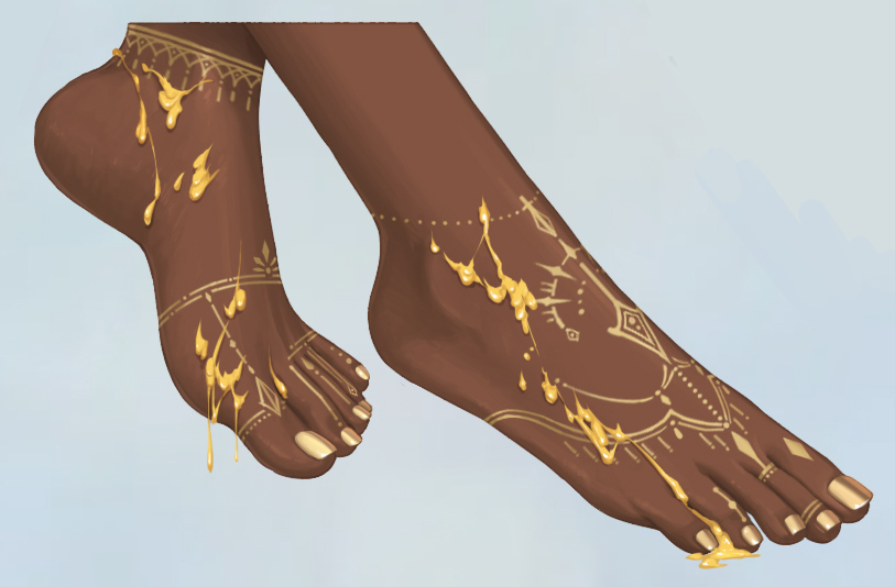 liang mu, highres, 1girl, anklet, barefoot, blue background, body writing, close-up, cum on body, cum on feet, dark-skinned female, dark skin, feet, foot focus, gold, grey background, jewelry, nail polish, simple background, soles, solo, suggestive fluid, toe ring, toenail polish, toenails, toes, yellow nails