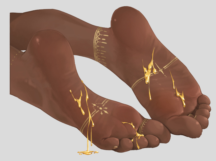 liang mu, highres, 1girl, barefoot, close-up, dark-skinned female, dark skin, feet, foot focus, gold, grey background, honey, jewelry, nail polish, simple background, soles, solo, toe ring, toenails, toes