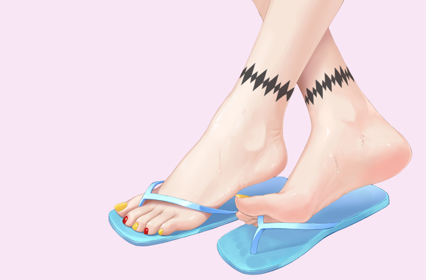 liang mu, aqua footwear, blue footwear, highres, 1girl, anklet, barefoot, close-up, crossed legs, feet, flip-flops, foot focus, footprints on shoes, jewelry, nail polish, orange nails, out of frame, pink background, purple background, red nails, sandals, simple background, soles, solo, sweat, toenail polish, toenails, toes, yellow nails