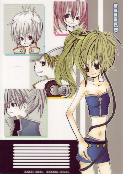 kitami erika, beatmania iidx, bemani, white headwear, artist request, character request, 2girls, 3others, bare shoulders, blonde hair, blue skirt, breasts, grey eyes, grin, hair ornament, hat, headphones, miniskirt, multiple girls, multiple others, navel, pink eyes, pink hair, purple eyes, short hair, side ponytail, skirt, small breasts, smile, standing, strapless, white hair