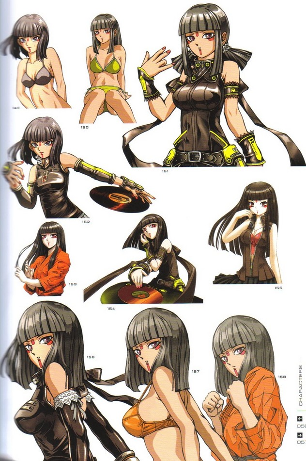 goli matsumoto, lilith (beatmania), beatmania iidx, bemani, artbook, 1girl, female focus, hime cut, long hair, looking at viewer, looking back, simple background, solo, white background