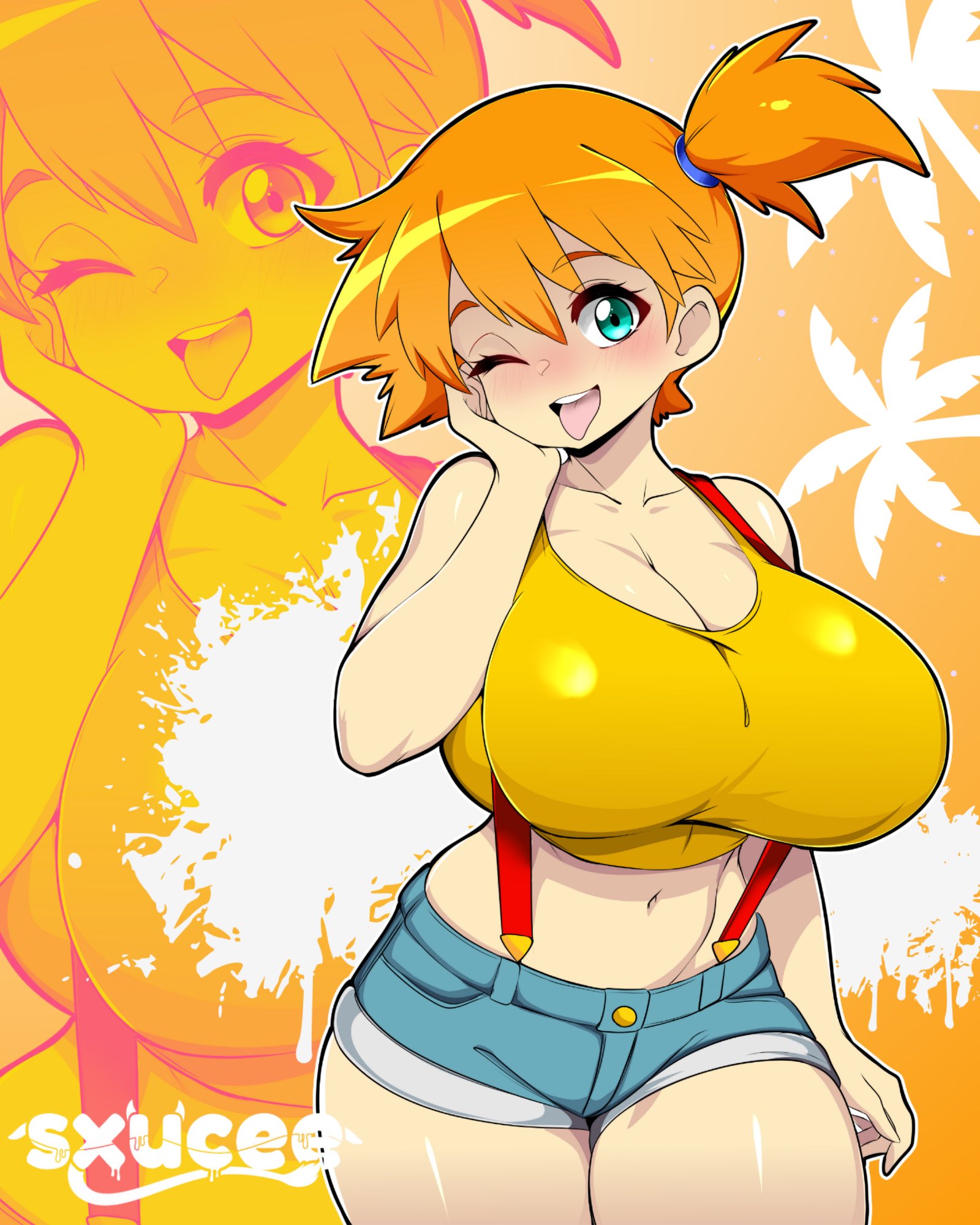 misty (pokemon), nintendo, pokemon, pokemon (anime), pokemon (classic anime), pokemon rgby, highres, bare shoulders, blue shorts, blush, breasts, cleavage, crop top, curvy, denim, denim shorts, hand on own cheek, hand on own face, huge breasts, large breasts, looking at viewer, midriff, navel, one eye closed, open mouth, orange hair, ponytail, shirt, short hair, short shorts, shorts, side ponytail, smile, solo, suspender shorts, suspenders, sxucee, tank top, thick thighs, thighs, tongue, tongue out, wink, yellow shirt, yellow tank top
