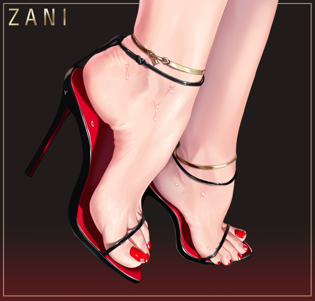 liang mu, black footwear, red footwear, 1girl, ankle strap, anklet, artist logo, barefoot, black background, border, close-up, feet, foot focus, gradient background, heel up, high heels, jewelry, logo, nail polish, red background, red nails, sandals, shoe dangle, soles, solo, stiletto heels, strappy heels, sweat, toe cleavage, toenail polish, toenails, toes, wet