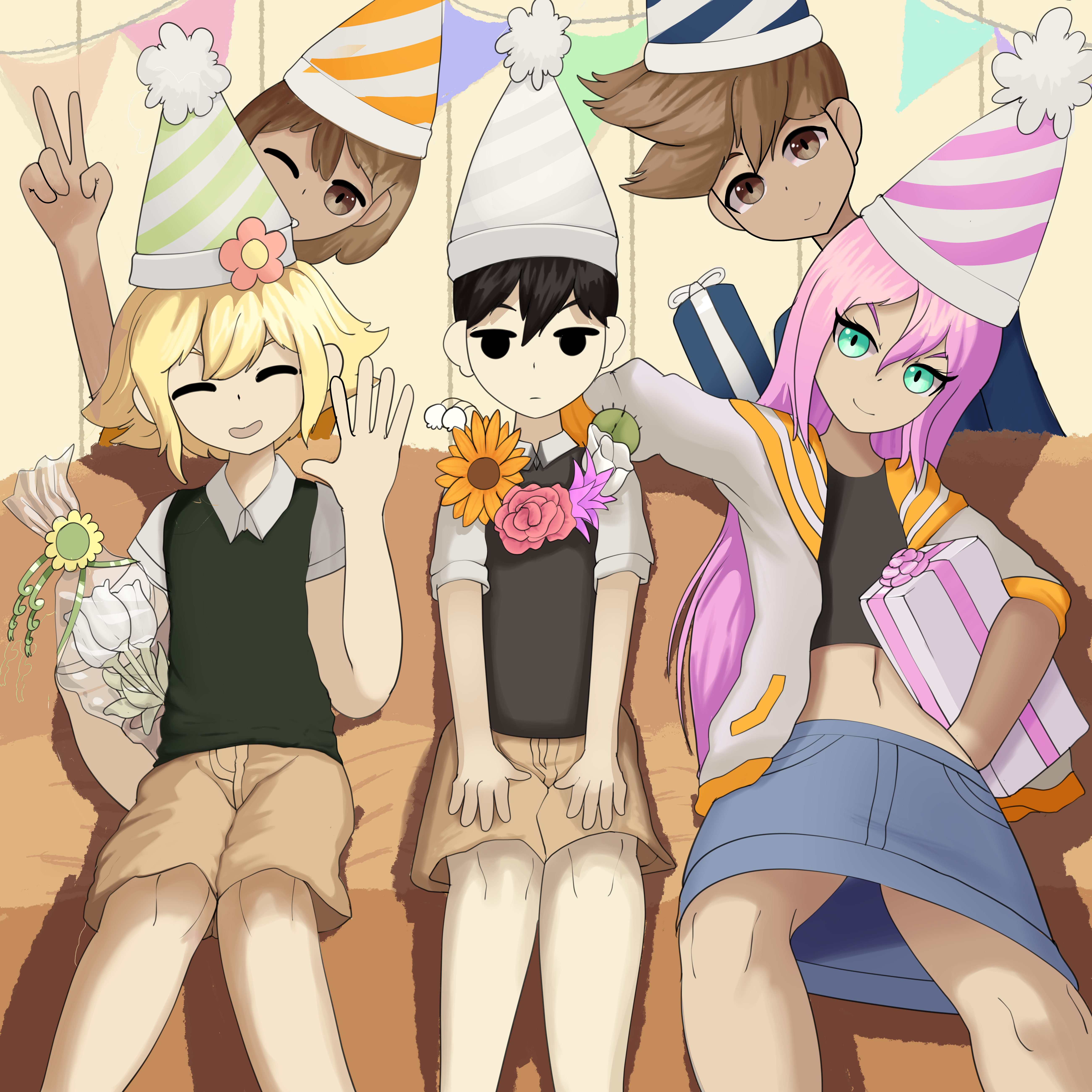 elecmaw, aubrey (faraway) (omori), aubrey (omori), basil (faraway) (omori), basil (omori), hero (faraway) (omori), hero (omori), kel (faraway) (omori), kel (omori), sunny (omori), omori, absurdres, highres, 1girl, black eyes, black hair, black vest, blonde hair, blue eyes, brown hair, couch, flower, green vest, hat, multiple boys, pale skin, party hat, pink eyes, rottenmelons, skirt, smile, vest