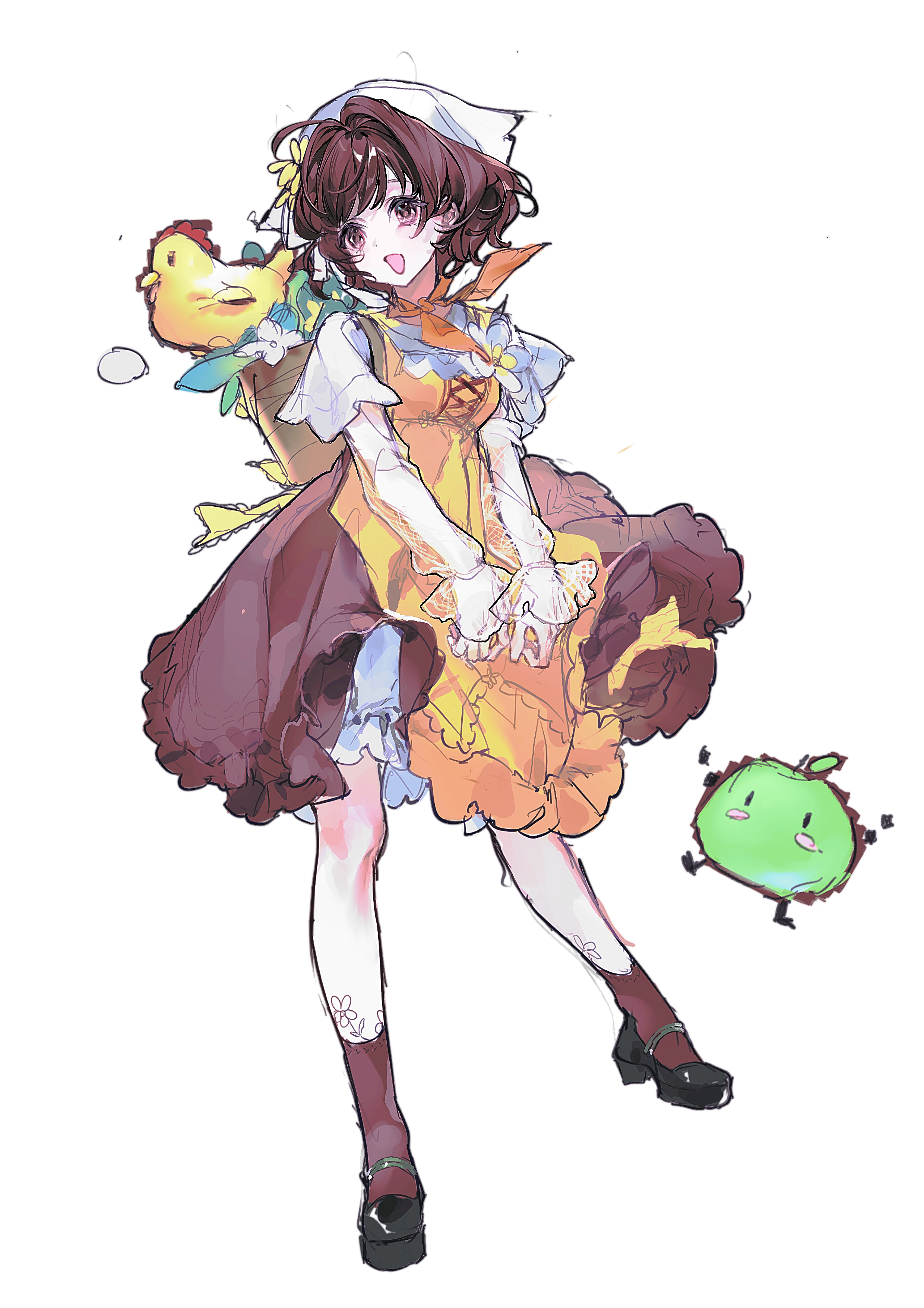junimo, infinity nikki, nikki (series), stardew valley, absurdres, highres, procreate (medium), 1girl, ahoge, ankle socks, apple, apron, basket, bird, black shoes, brown eyes, brown hair, brown skirt, brown socks, chicken, country lolita, dot nose, floating clothes, flower, flower tattoo, food, food-themed creature, frilled apron, frilled skirt, frilled sleeves, frills, fruit, full body, green apple, hair between eyes, hair flower, hair intakes, hair ornament, headscarf, high-waist skirt, high heels, lace, lace sleeves, layered sleeves, leg tattoo, lolita fashion, long sleeves, looking to the side, mary janes, neckerchief, open mouth, orange neckerchief, ouwei, plant, pleated skirt, potted plant, pumps, see-through clothes, see-through sleeves, shirt, shoes, short hair, short over long sleeves, short sleeves, simple background, skirt, sleeves past wrists, smile, socks, solo, standing, stardew valley encounter (infinity nikki), tattoo, white background, white headscarf, white shirt, yellow apron, yellow flower