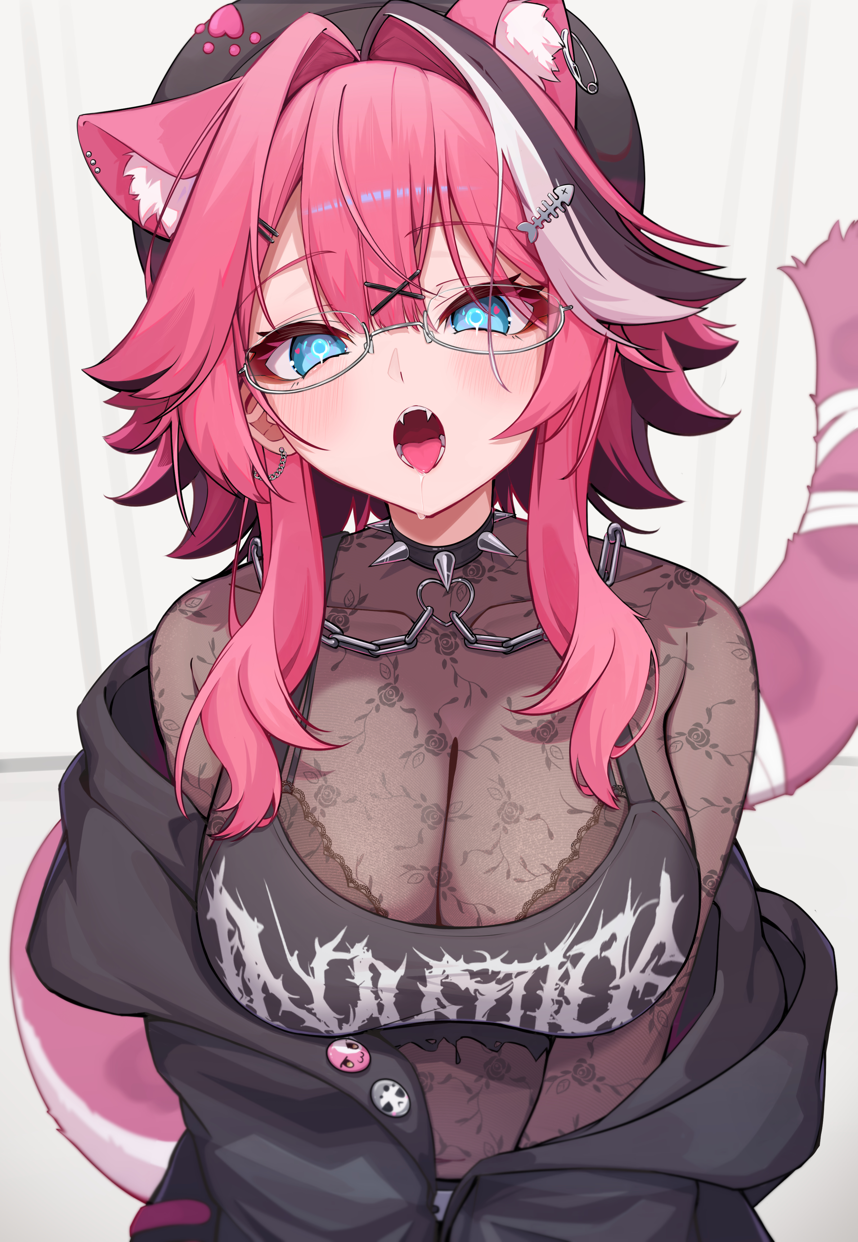 h4kuuua 0, raora panthera, hololive, hololive english, absurdres, commentary, hashtag-only commentary, highres, 1girl, animal ears, beret, black hat, black jacket, blue eyes, bodystocking, breasts, cat ears, cat girl, cat tail, center-flap bangs, collar, crop top, double-parted bangs, extra ears, fangs, hat, jacket, lace, large breasts, looking at viewer, multicolored hair, off shoulder, open mouth, panther girl, panther tail, pink hair, see-through cleavage, see-through clothes, semi-rimless eyewear, sidelocks, solo, spiked collar, spikes, streaked hair, tail, virtual youtuber, white streaks
