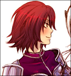 tachibana ginchiyo, sengoku musou, sengoku musou 2, lowres, 1girl, armor, blush, breastplate, female focus, red eyes, red hair, short hair, shoulder pads, simple background, smile, solo, solo focus, upper body, white background